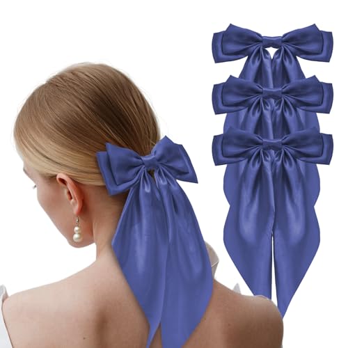 Tisbonsy Large Satin Hair Bows for Women, 3-Pack Royal Blue Oversized Long Tail Bow Barrettes and Ponytail Holders