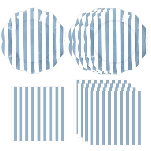 50pc Blue Striped Paper Plates and Napkins Set - Scalloped Party Tableware