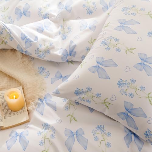 Blue Bow Duvet Cover Set for Kids - Full Size, Floral Design, JFS1379
