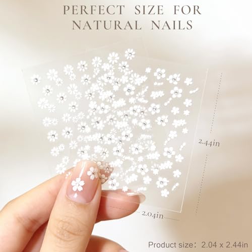 3D White Flower Nail Art Stickers with Rhinestones - 30 Sheets Self-Adhesive Floral Decals