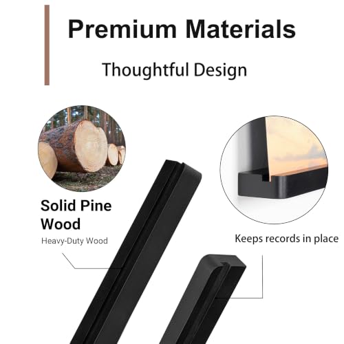 Heimlove Wall Mount Vinyl Record Shelf - Solid Wood Display, Black