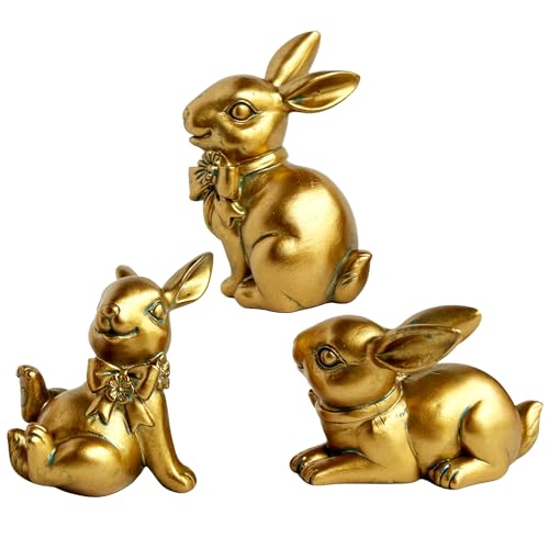 Hand-Painted Gold Easter Bunny Statues - Set of 3 Resin Decor