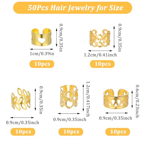 Tyqour 50Pcs Gold Hair Cuffs for Braids - Dreadlock Jewelry & Charms