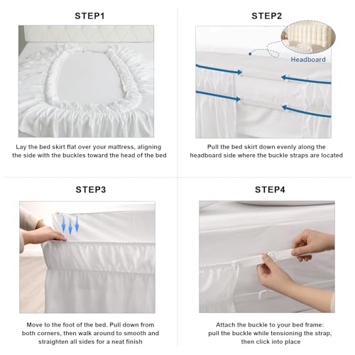 Queen Bed Skirt with Elastic Straps - Ruffle Design, White, 16" Drop