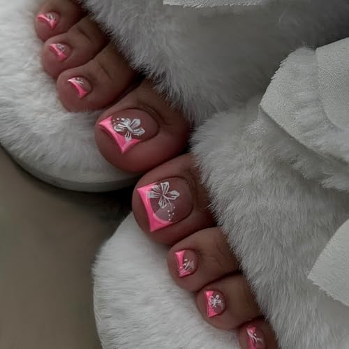KAICCOSO Red Floral Short Square Press on Toenails, 24Pcs Cute Summer Stick-On Toe Nails with Glue
