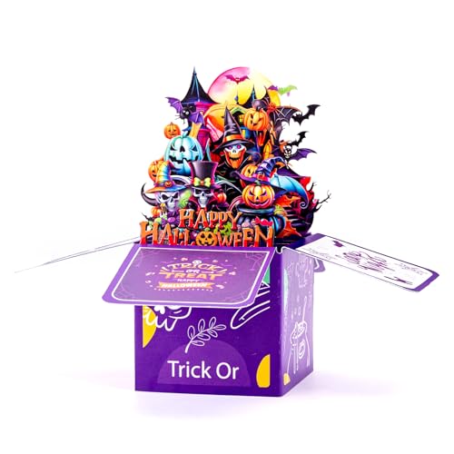 Purple Halloween 3D Pop-Up Birthday Card with Bats, Pumpkins & Skulls