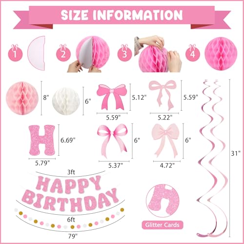 Amandir Pink Birthday Decorations Set with Glitter Banner & Bow Cutouts