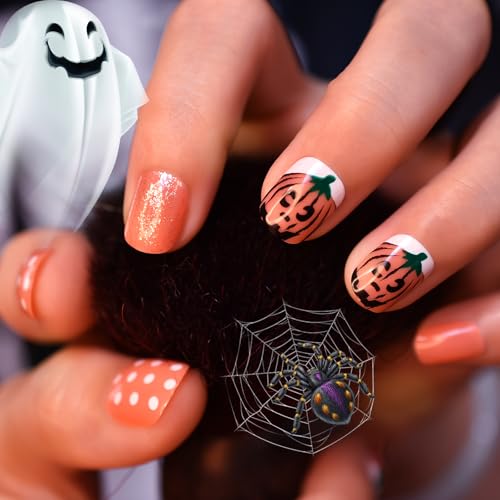LINSSQ Halloween Short Squoval Press On Nails Witchy Orange Fake Nails