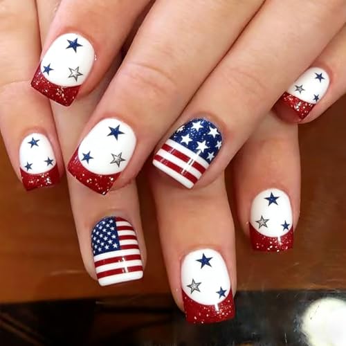 QUNQINLI Independence Day Press On Nails Short Square Star Striped Red Glitter False Nails