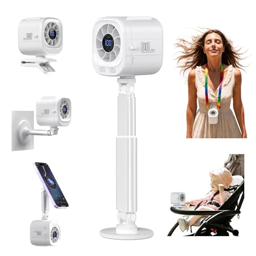 MISERWE White Portable Handheld Fan with 5 Speeds & 3 Lighting Levels