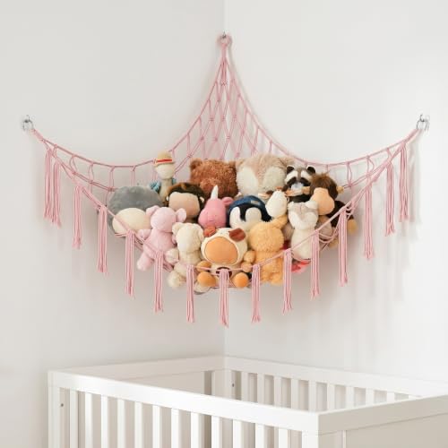Large Cotton Stuffed Animal Storage Hammock - Pink Macrame Organizer