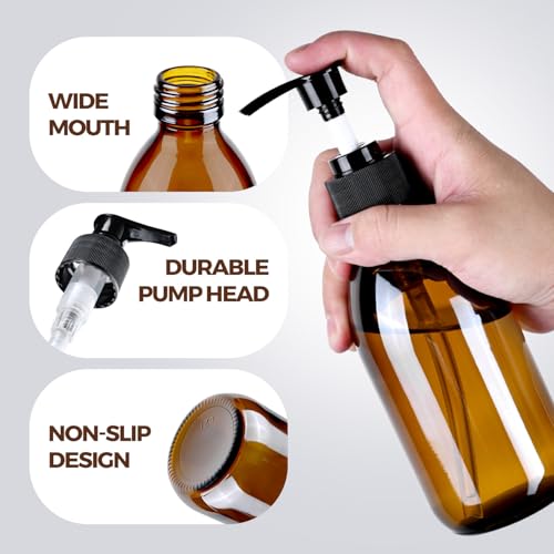 10 oz Amber Glass Pump Bottle Set - Refillable Lotion Dispenser