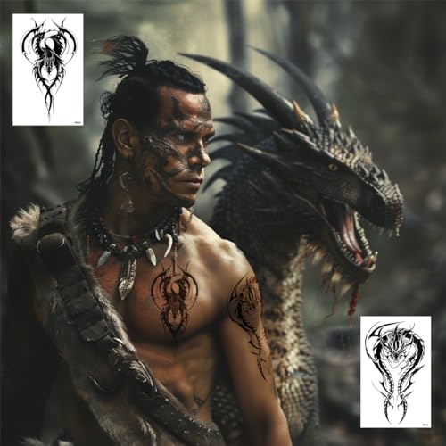 AWLEE Tribal Dragon Temporary Tattoos - 10 Sheets Realistic Waterproof Fake Body Art for Men & Women