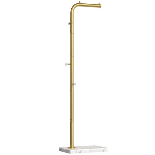 YATINEY L Shaped Glod Coat Rack, Metal Coat Tree, Modern Clothes Rack with 3 Hooks and Thickened Base, Floor Standing Coat Hanger Stand, for Entryway, Living Room, Cloakroom, Gold and White YM01DWY1
