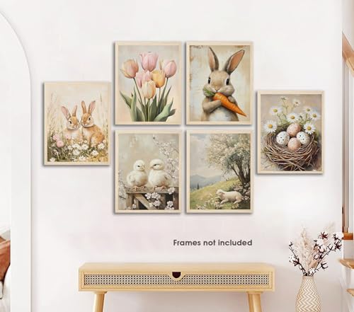 Easter Wall Art Set - 6 Vintage Canvas Prints, 8x10 Inch