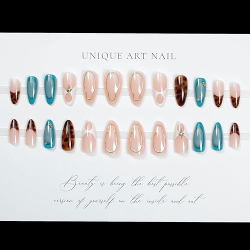 KKUUOO Nude Medium Almond Press On Nails 3D Gold Pearl & Leopard Print
