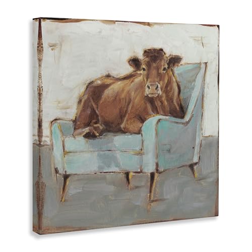 Stupell Industries Brown Bull on a Blue Couch Neutral Color Painting Stretched Canvas Wall Art, 17 x 17, Multi