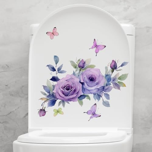 Purple Flowers Butterfly Toilet Seat Stickers - Waterproof & Removable