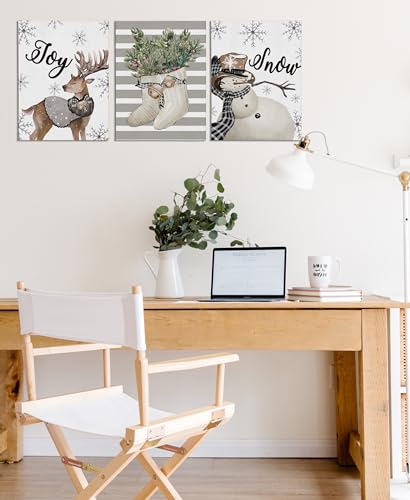 Christmas Wall Art Prints Set of 3 - Reindeer Snowman Holiday Decor 11x14 Inches