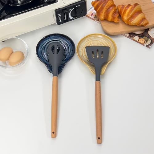 Farmhouse Ceramic Spoon Rest Ocean Blue-Inner Ring | Kitchen Counter Utensil Holder