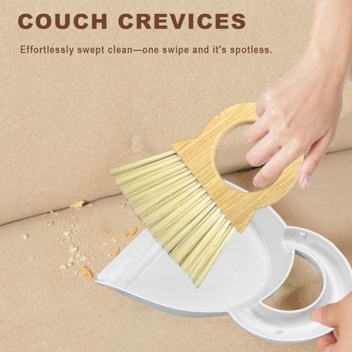 Xifando Mini Broom and Dustpan Set, Compact Bamboo Handle - White