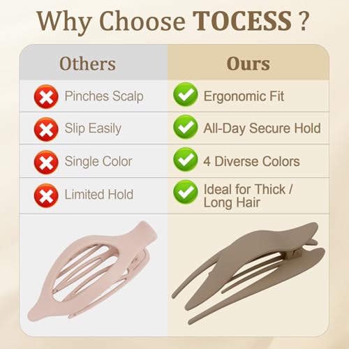 TOCESS Matte Flat Claw Clips 4-Pack - 5.1 Inch French Hair Claws for Women