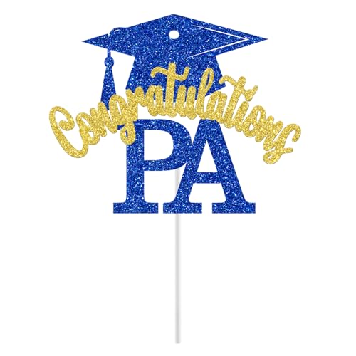 Congrats PA Cake Topper - Blue and Gold Glitter Graduation Decoration