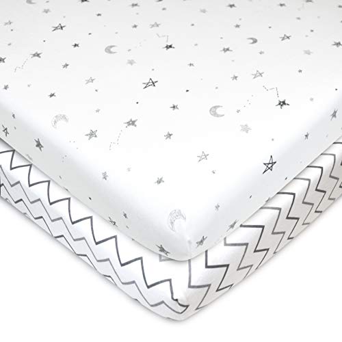 American Baby Company 2 Pack Fitted Mini Crib Sheets Gray Stars/Zigzag 38x24"