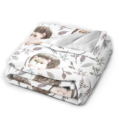 Cute Hedgehog Autumn Leaves Flannel Throw Blanket, Soft Plush, 60"x50"