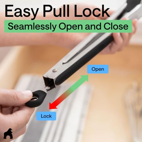 Gorilla Grip Stainless Steel Kitchen Tongs Set 7/9/12 Inch with Silicone Edges, Black