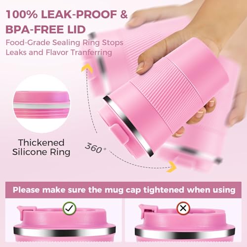 Volhoply Pink 13oz Stainless Steel Insulated Travel Coffee Cup with Leak-Proof Lid