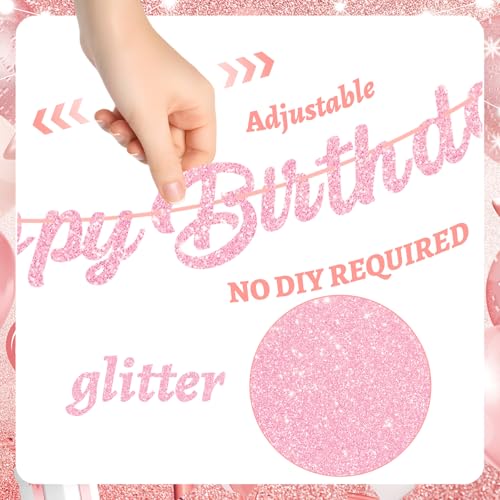 Happy Birthday Banner with Pink Glitter & Floral Accents