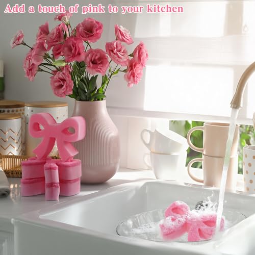 Pink Bow Dish Sponge Set - Dual-Sided Kitchen Cleaning Sponges, 12 Pack, Classic Bow / Pink