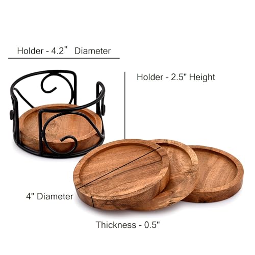 Acacia Wood Coaster Set with Iron Holder - 4 Pack, Tea & Drink Accessories