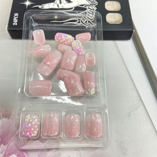 Short Square Floral Press on Nails with Pink Glitter and Glue