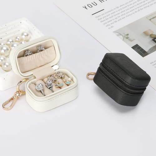 KUKUVR Small Travel Ring and Earring Box with Keychain - White