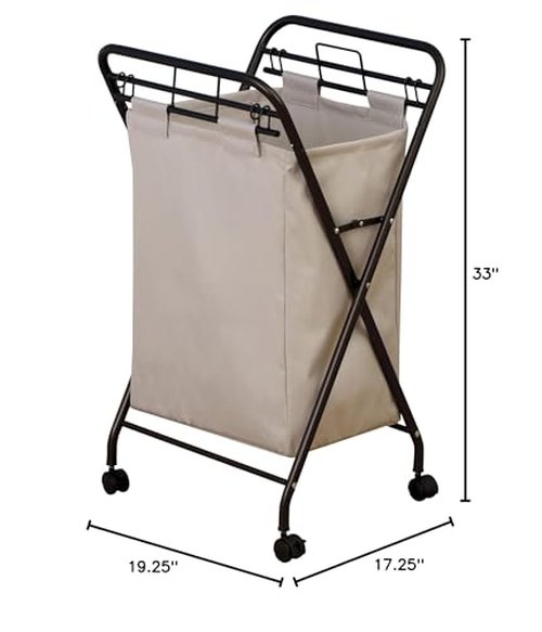 Household Essentials 7172 Rolling Laundry Hamper with Heavy-Duty Canvas Bag | Antique Bronze Frame