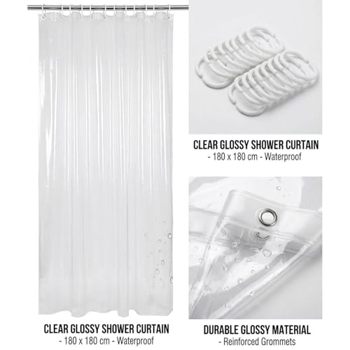 Clear Shower Curtain - 180x180cm Heavy Duty PEVA with Grommets
