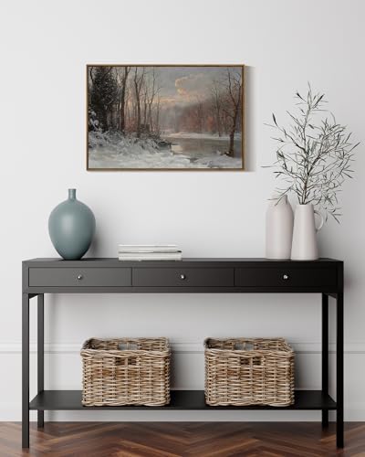 Vintage Canvas Wall Art - Snow Stream River Farmhouse Landscape, 30 x 20 Inches - Winter Scene