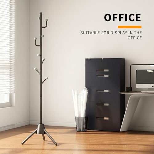 Heavy Duty Anti-Tip Coat Rack with 8LB Stable Weighted Base, [80LB Load Tested] Metal Standing Tree with 8 Hooks, 3-Height Adjustable Space Saving Clothes Organizer for Entryway, Bedroom, Office