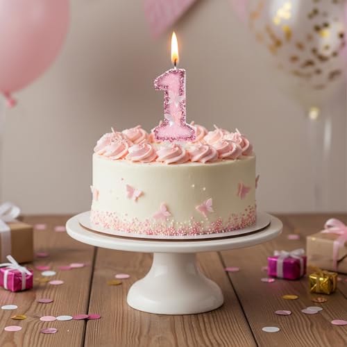 LASILE Pink Butterfly Number 1 Birthday Candle with Glitter Sequins, Cake Topper & Cupcake Decoration