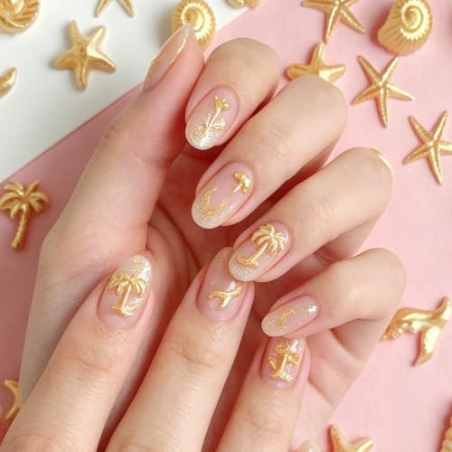 Tephrent 200pcs Starfish & Shell Nail Charms - Gold Resin Ocean Rhinestones
