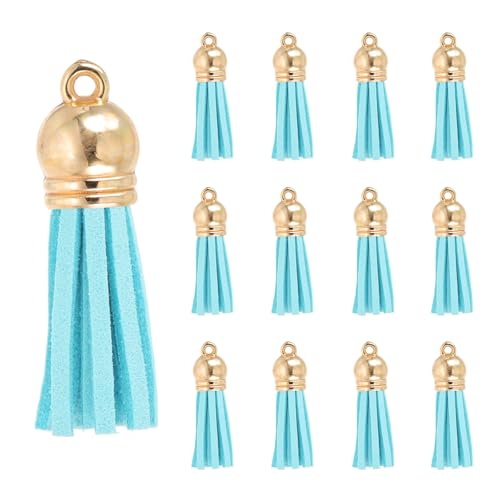 PATIKIL 30 Pcs 1.5 Inch Faux Leather Tassels with Gold Cap, Light Blue