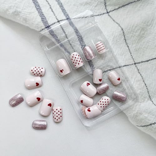 Valentine Press on Nails Square Pink Heart Glitter Fake Nails Acrylic Kit