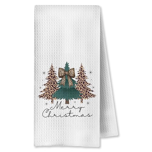 Leopard Bow Christmas Kitchen Towels, 16x24 Inch Decorative Hand Towels