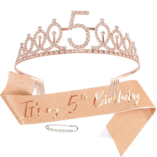 AOPRIE Rose Gold 5th Birthday Tiara and Sash Set for Women and Girls