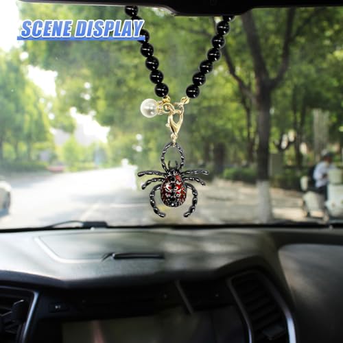 Spider Car Rearview Mirror Ornament Gothic Pearl Chain Pendant Red