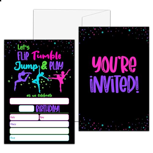 Neon Glow Gymnastics Birthday Invitations - 20 Fill-In Cards with Envelopes