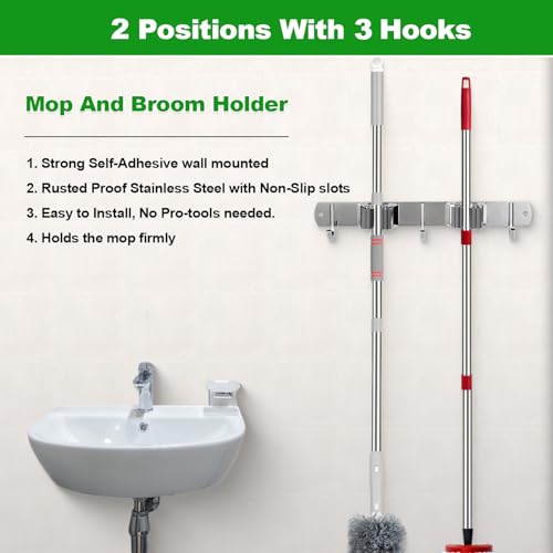 voze Stainless Steel Broom and Mop Holder - 2 Racks and 3 Hooks, Silver