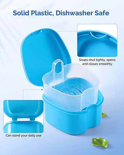 JMU Denture Bath Case with Strainer Basket, Light Blue Mouthguard Cup